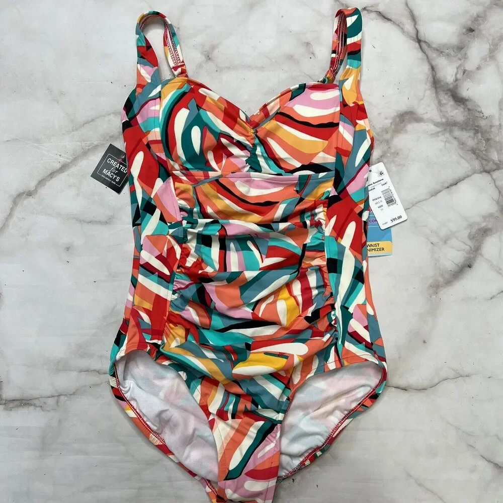 Swim Solutions PALM ART Shirred Tummy-Control One-Piece Swimsuit Size 10 Pink - Picture 2 of 6